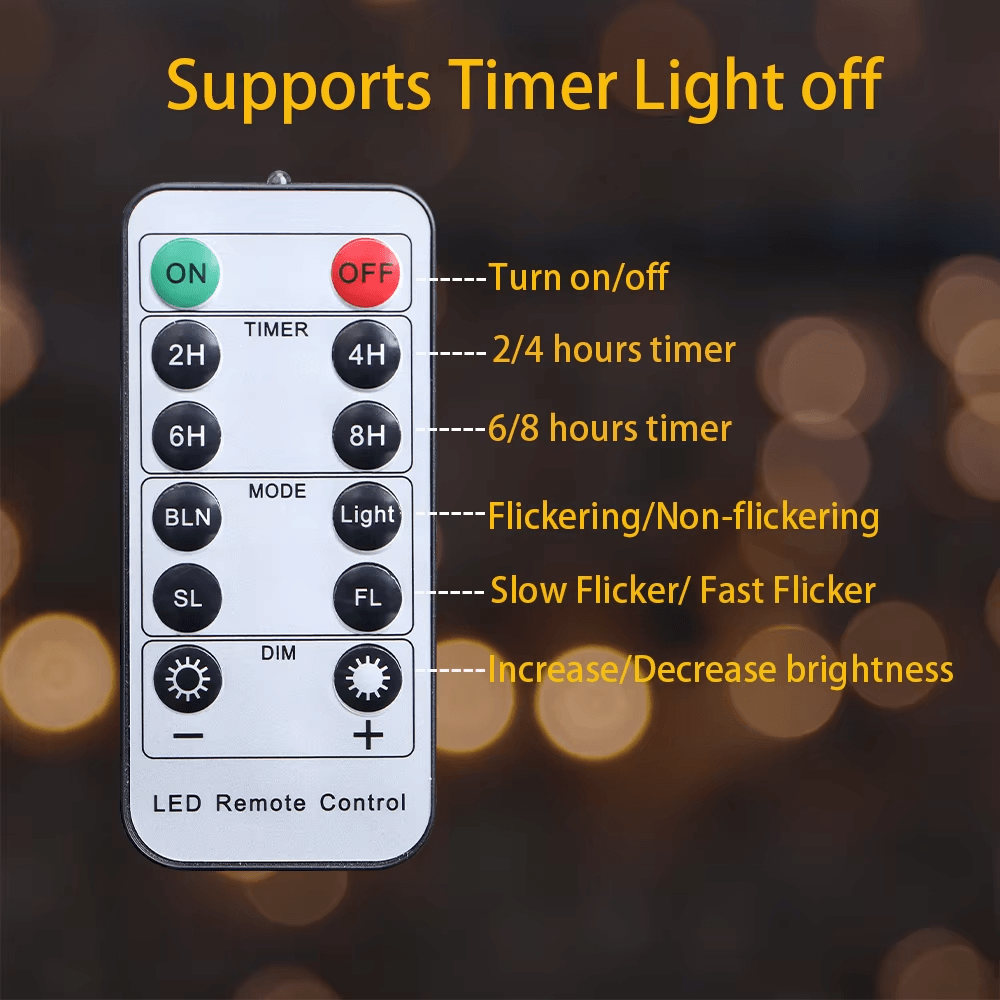 LED remote control with functions labeled on a blurred lights background