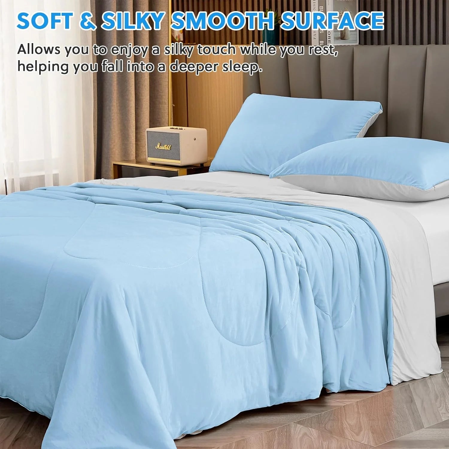VelmoraMart cooling comforter draped over a bed, showcasing breathable, temperature-regulating fabric for hot sleepers.