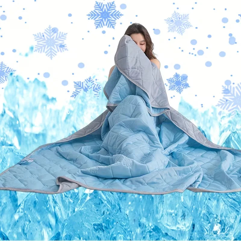 "VelmoraMart cooling comforter draped over a bed, showcasing breathable, temperature-regulating fabric for hot sleepers."