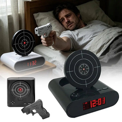 VelmoraMart target alarm clock on a nightstand with an infrared blaster, showing the interactive shooting target feature