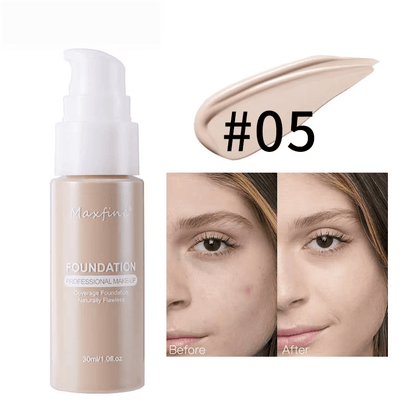 foundation bottle with a swatch and before/after comparison on a white background