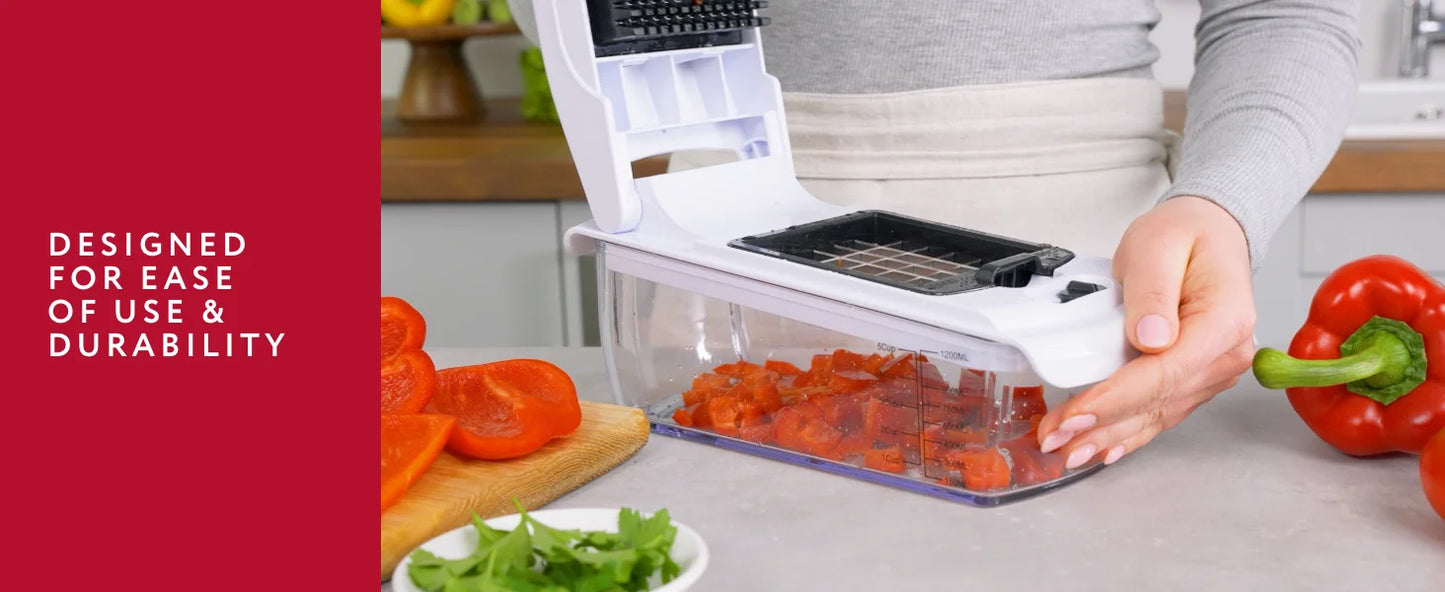 Manual vegetable food cutter with interchangeable stainless steel dicing blades