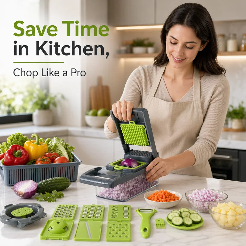 Manual vegetable chopper slicing fresh vegetables on a kitchen counter