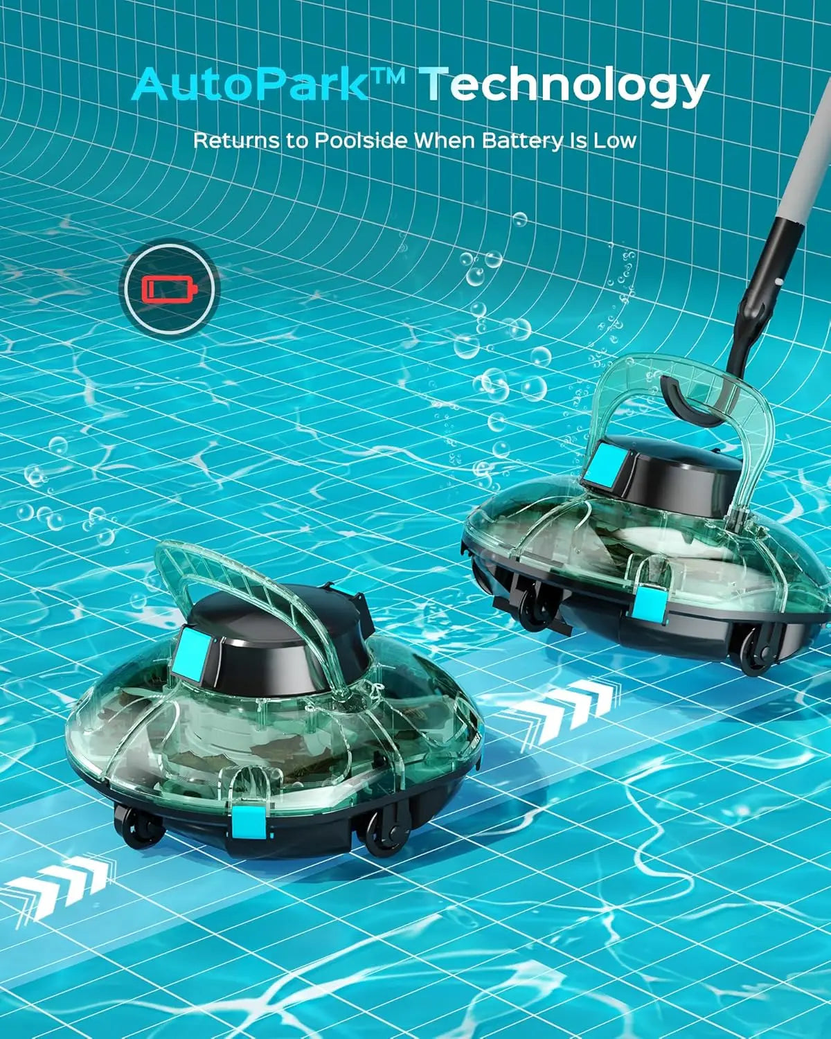 Automatic pool cleaner vacuuming a pristine inground pool