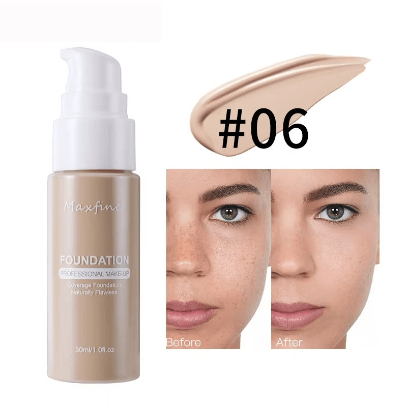 foundation bottle with a swatch and before/after comparison on a white background
