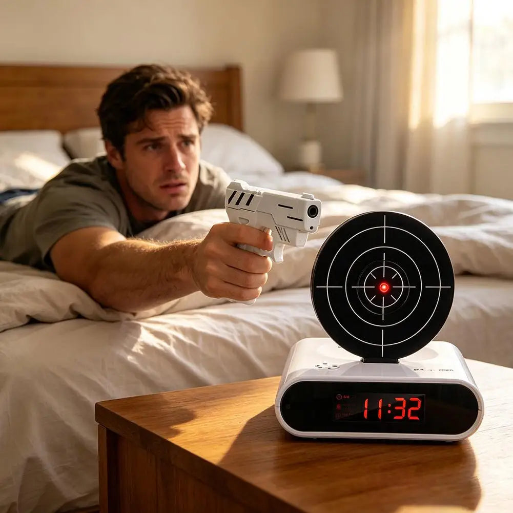 VelmoraMart target alarm clock on a nightstand with an infrared blaster, showing the interactive shooting target feature