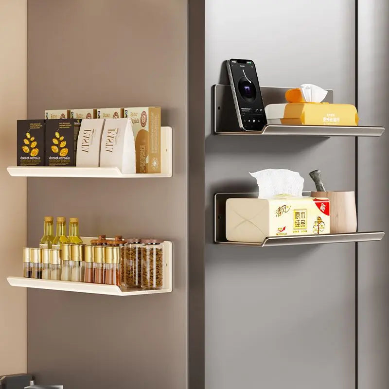 Magnetic shelf organizing kitchen essentials on refrigerator