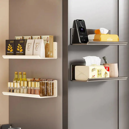Magnetic shelf organizing kitchen essentials on refrigerator