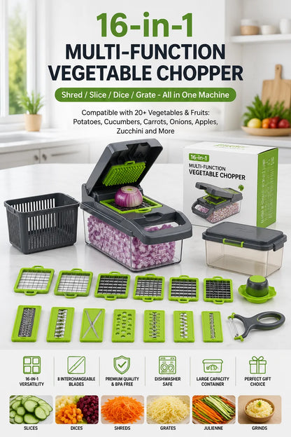 Manual vegetable chopper slicing fresh vegetables on a kitchen counter