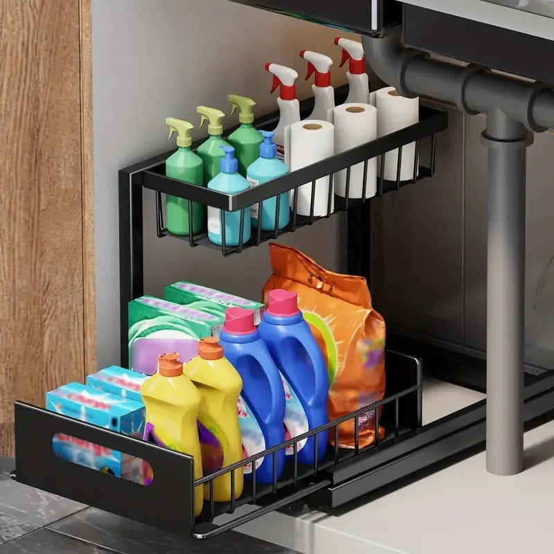 Under kitchen sink organizer with 2-tier sliding drawers for kitchen and bathroom storage, pull-out cabinet organizer for cleaning supplies by VelmoraMart