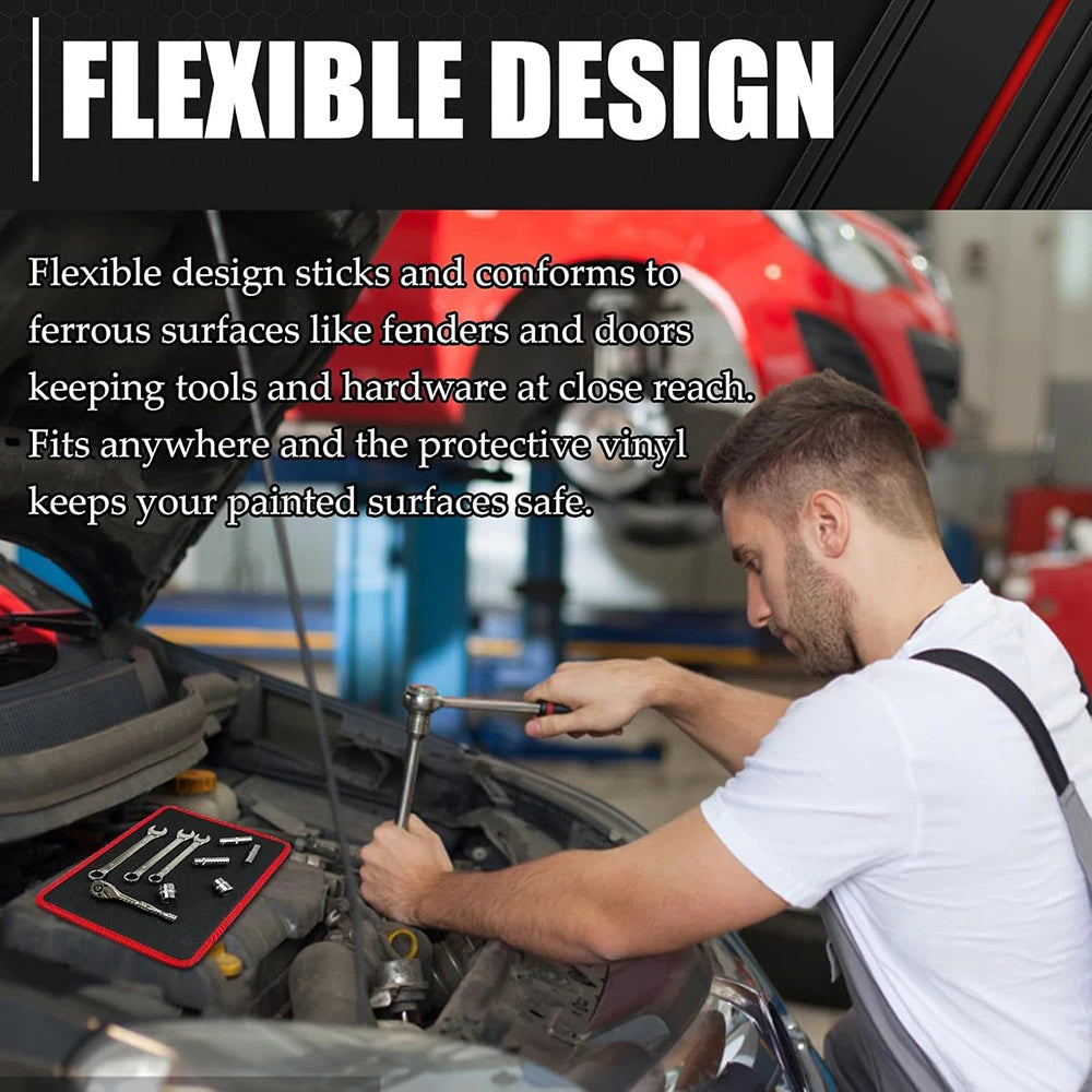 VelmoraMart magnetic tool holder mat securely holding metal hand tools on a workbench.