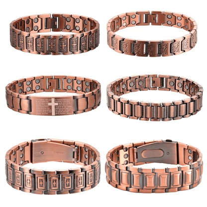 Set of six copper-colored metal bracelets with various designs on a white background