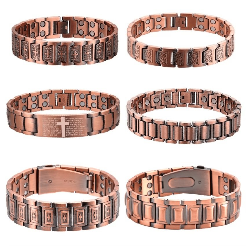 Set of six copper-colored metal bracelets with various designs on a white background