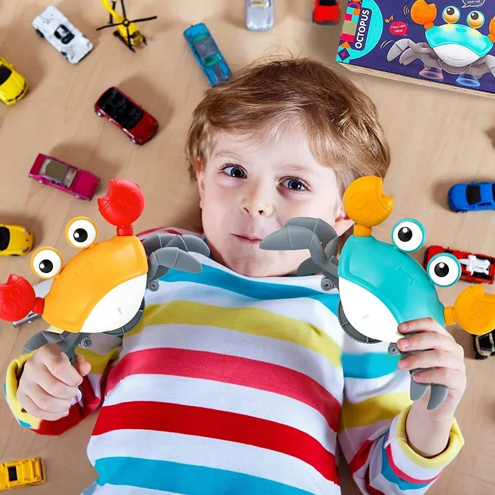 Interactive dancing crab toy for kids with music, crawling action, colorful lights, and obstacle avoidance from VelmoraMart