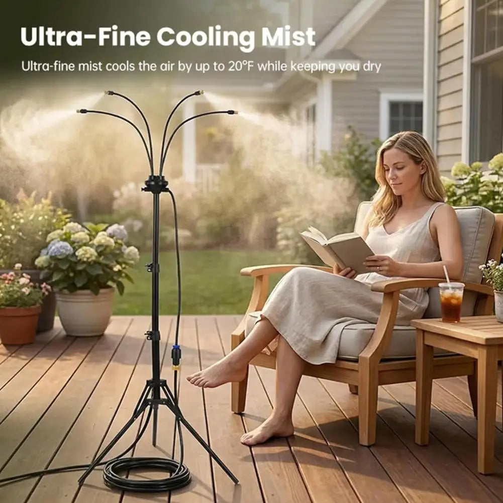 VelmoraMart outdoor misting system installed on a wooden patio providing cooling mist