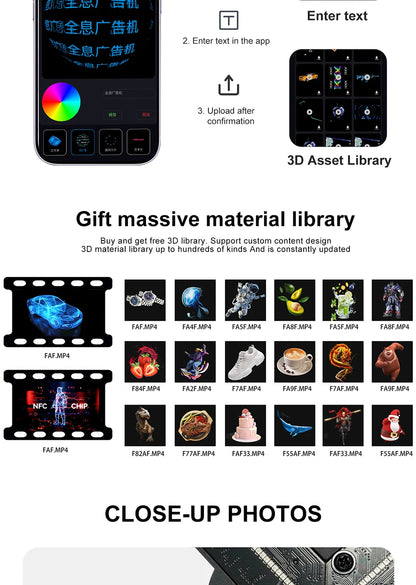 VelmoraMart 3D hologram projector display showing a floating LED animation in a modern retail space.