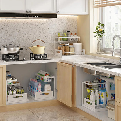 Under kitchen sink organizer with 2-tier sliding drawers for kitchen and bathroom storage, pull-out cabinet organizer for cleaning supplies by VelmoraMart