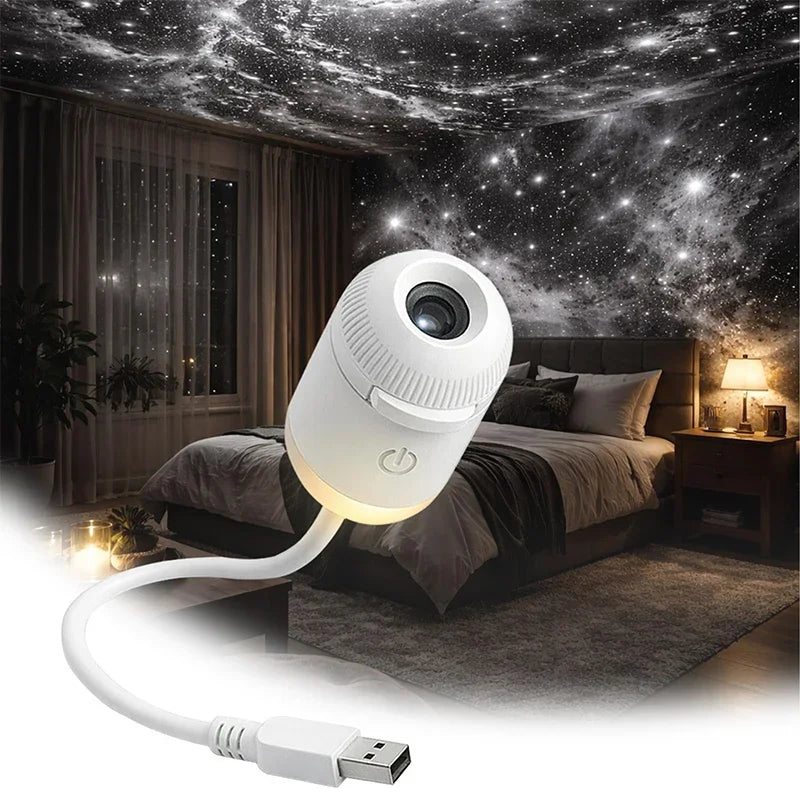 VelmoraMart Star Projector casting a beautiful galaxy nebula and stars onto a bedroom ceiling.