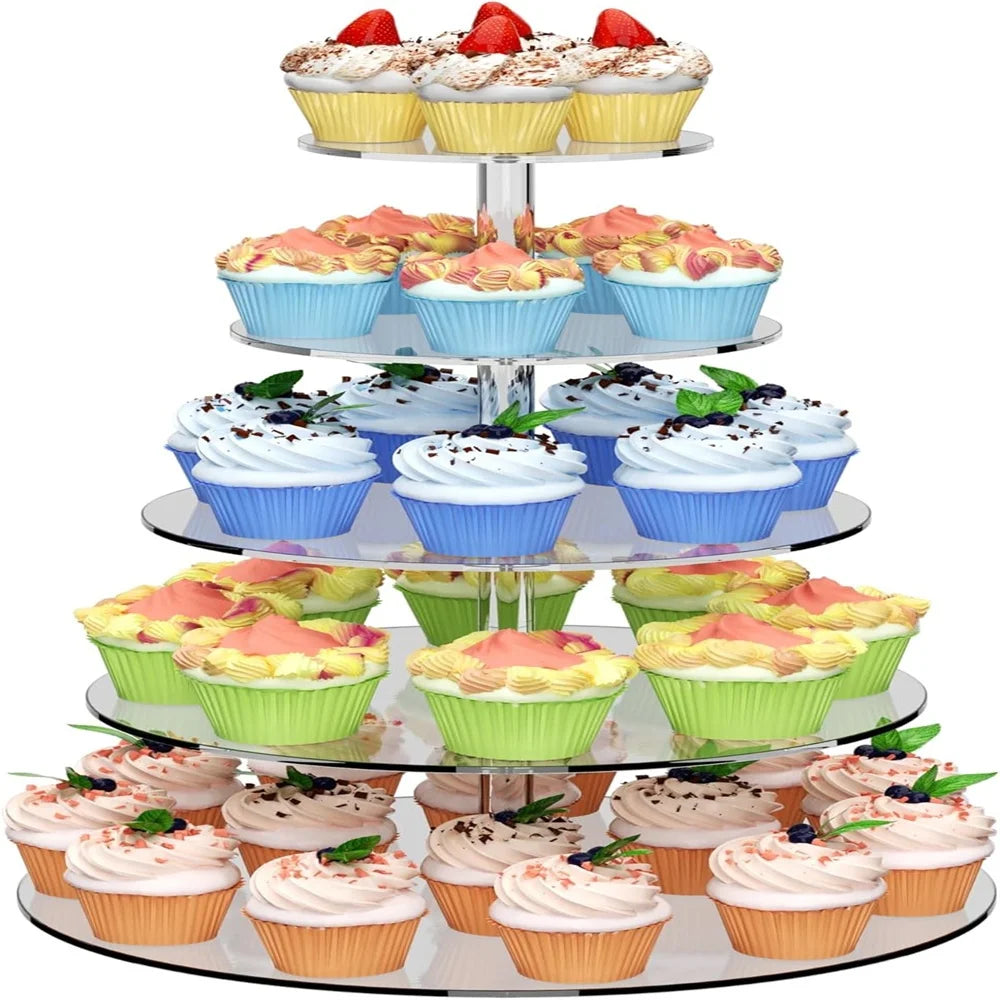 Close-up of clear acrylic cupcake tier stands showing dessert arrangement.