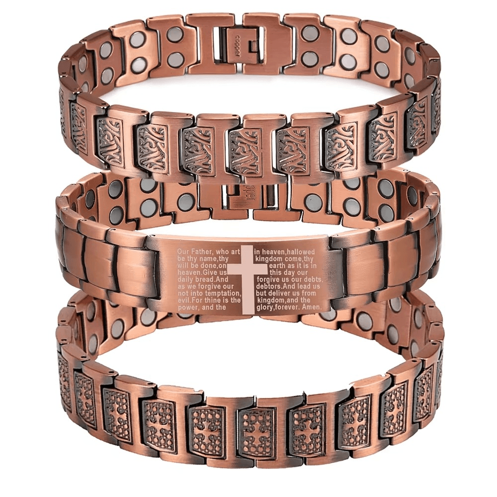 Three copper-colored bracelets stacked on a white background