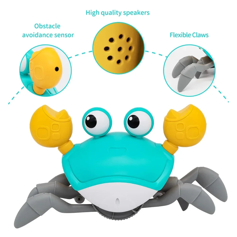 Interactive dancing crab toy for kids with music, crawling action, colorful lights, and obstacle avoidance from VelmoraMart
