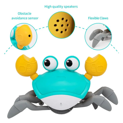 Interactive dancing crab toy for kids with music, crawling action, colorful lights, and obstacle avoidance from VelmoraMart