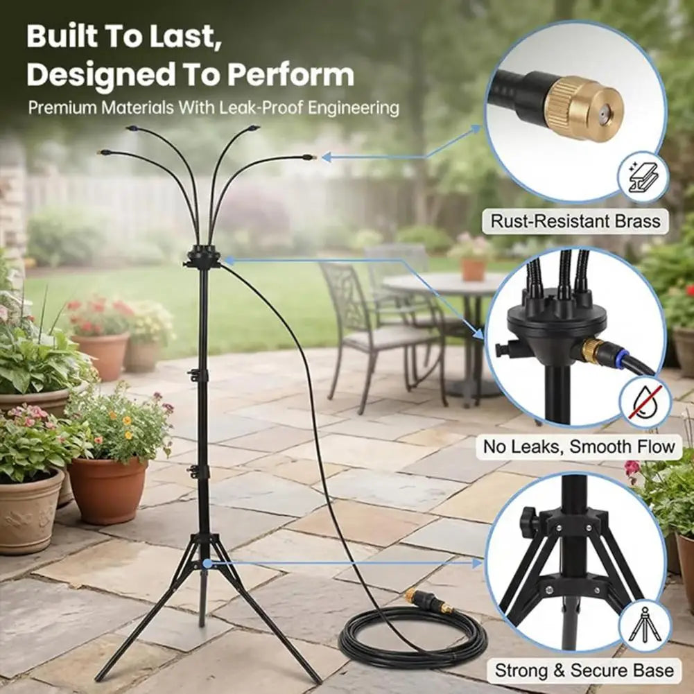 VelmoraMart outdoor misting system installed on a wooden patio providing cooling mist