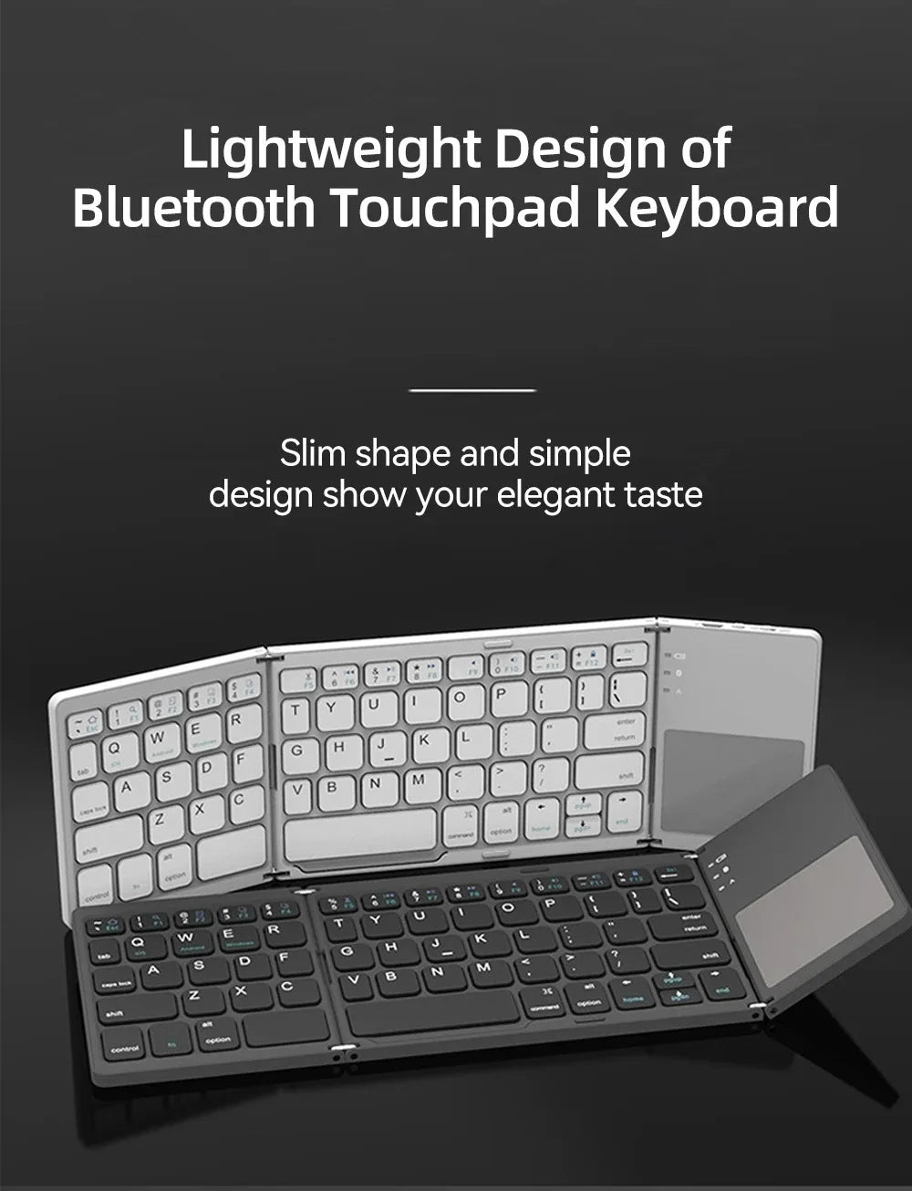 A premium foldable keyboard set up on a mobile desk for travel.