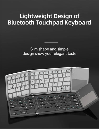 A premium foldable keyboard set up on a mobile desk for travel.