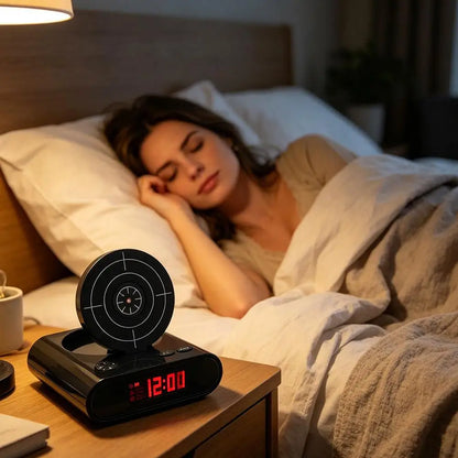 VelmoraMart target alarm clock on a nightstand with an infrared blaster, showing the interactive shooting target feature
