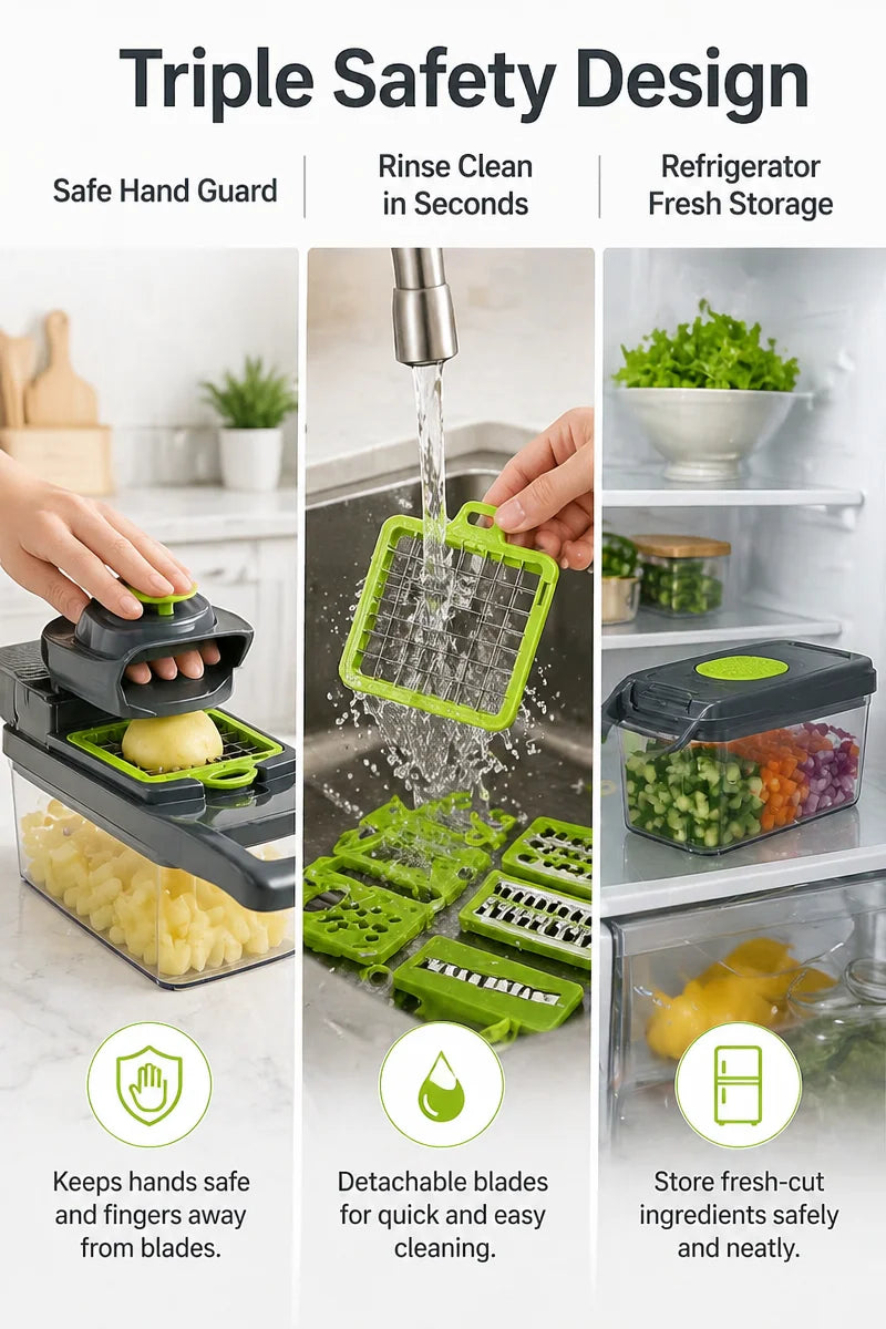 Manual vegetable chopper slicing fresh vegetables on a kitchen counter