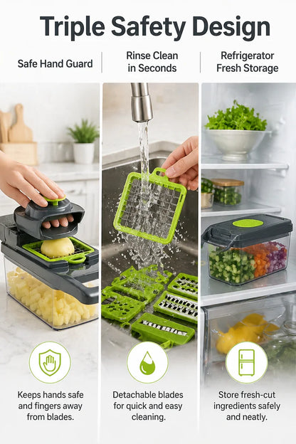 Manual vegetable chopper slicing fresh vegetables on a kitchen counter