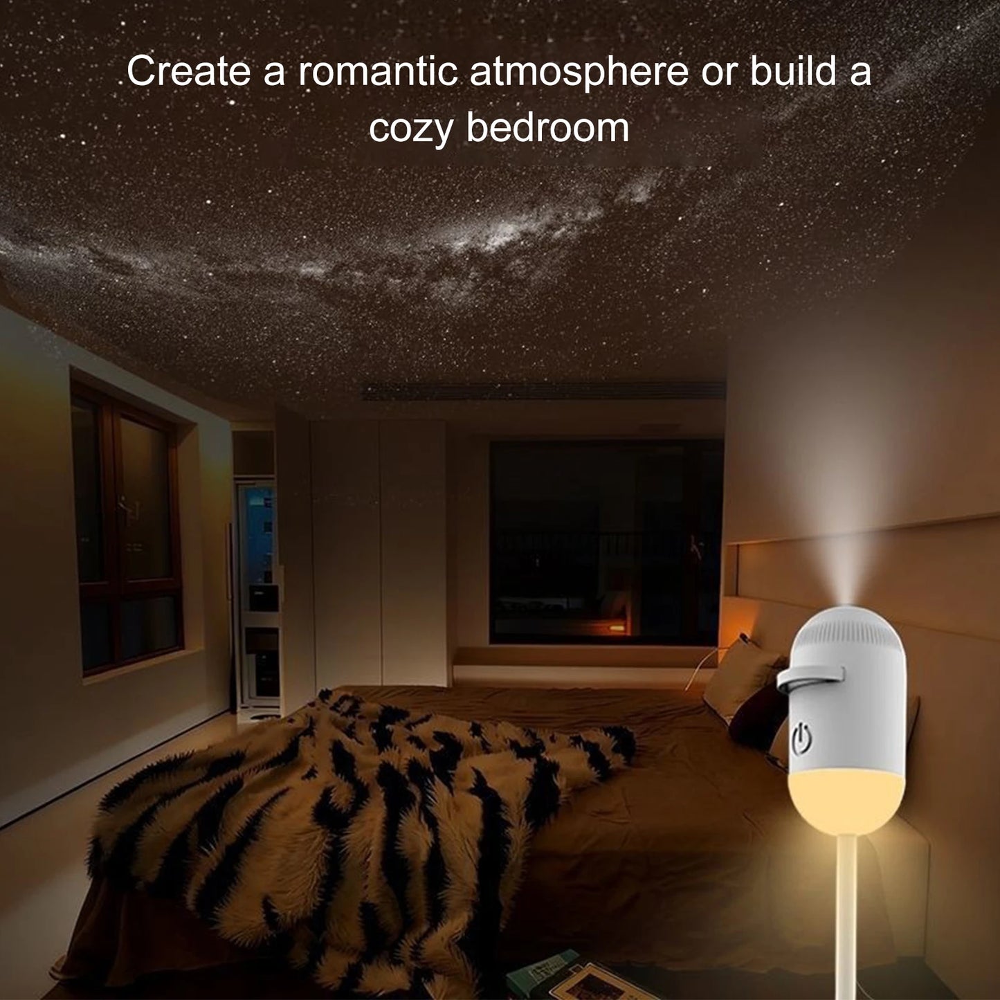VelmoraMart Star Projector casting a beautiful galaxy nebula and stars onto a bedroom ceiling.