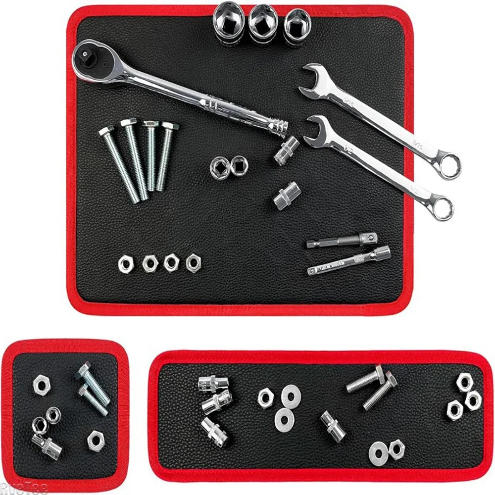VelmoraMart magnetic tool holder mat securely holding metal hand tools on a workbench.
