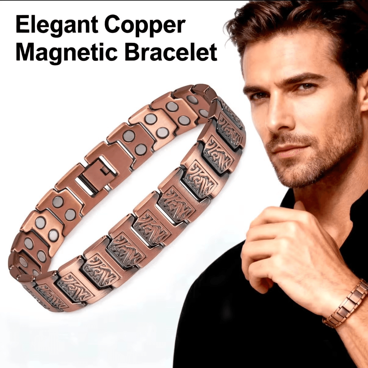Copper magnetic bracelet with a man wearing it on a white background