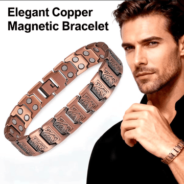 Copper magnetic bracelet with a man wearing it on a white background