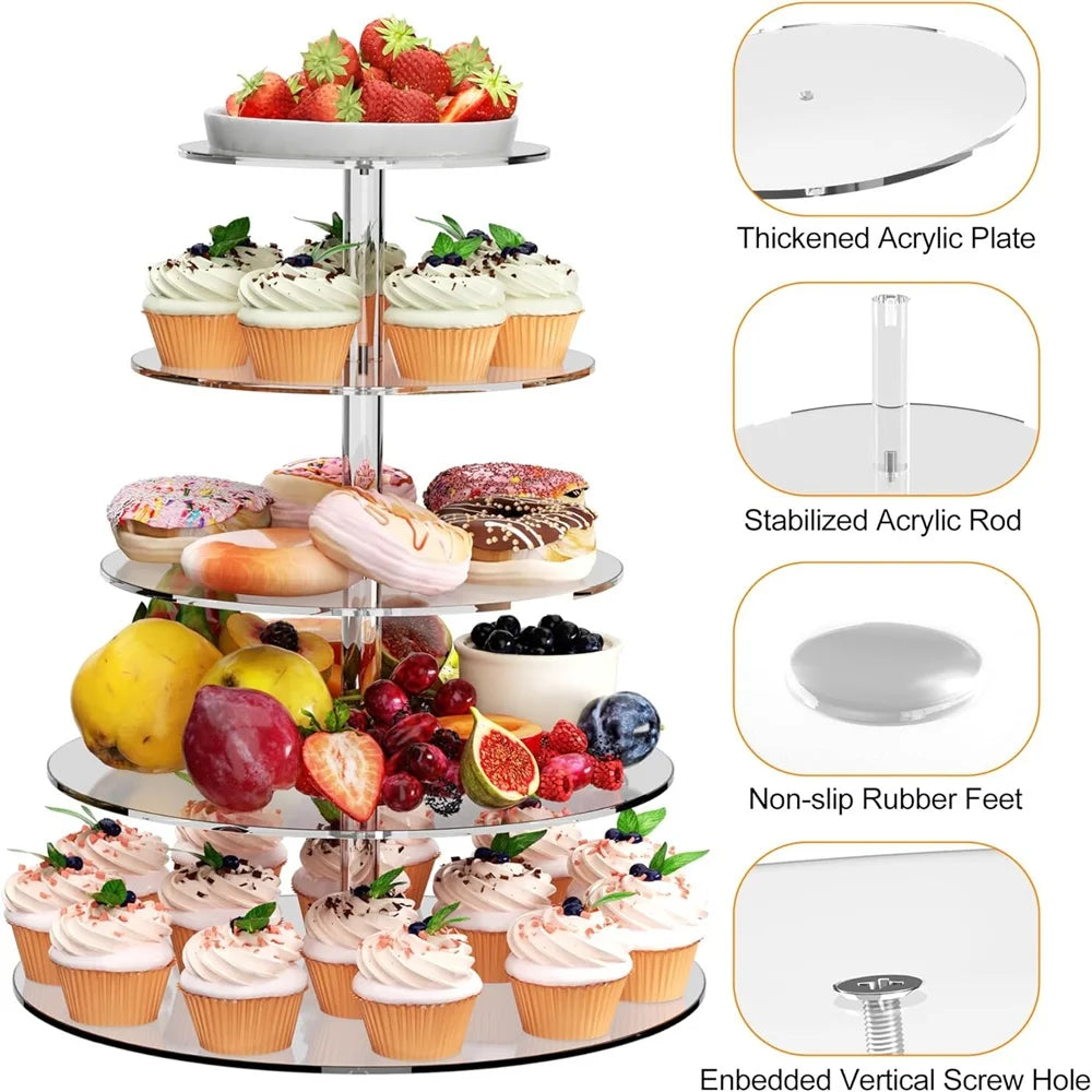 Close-up of clear acrylic cupcake tier stands showing dessert arrangement.