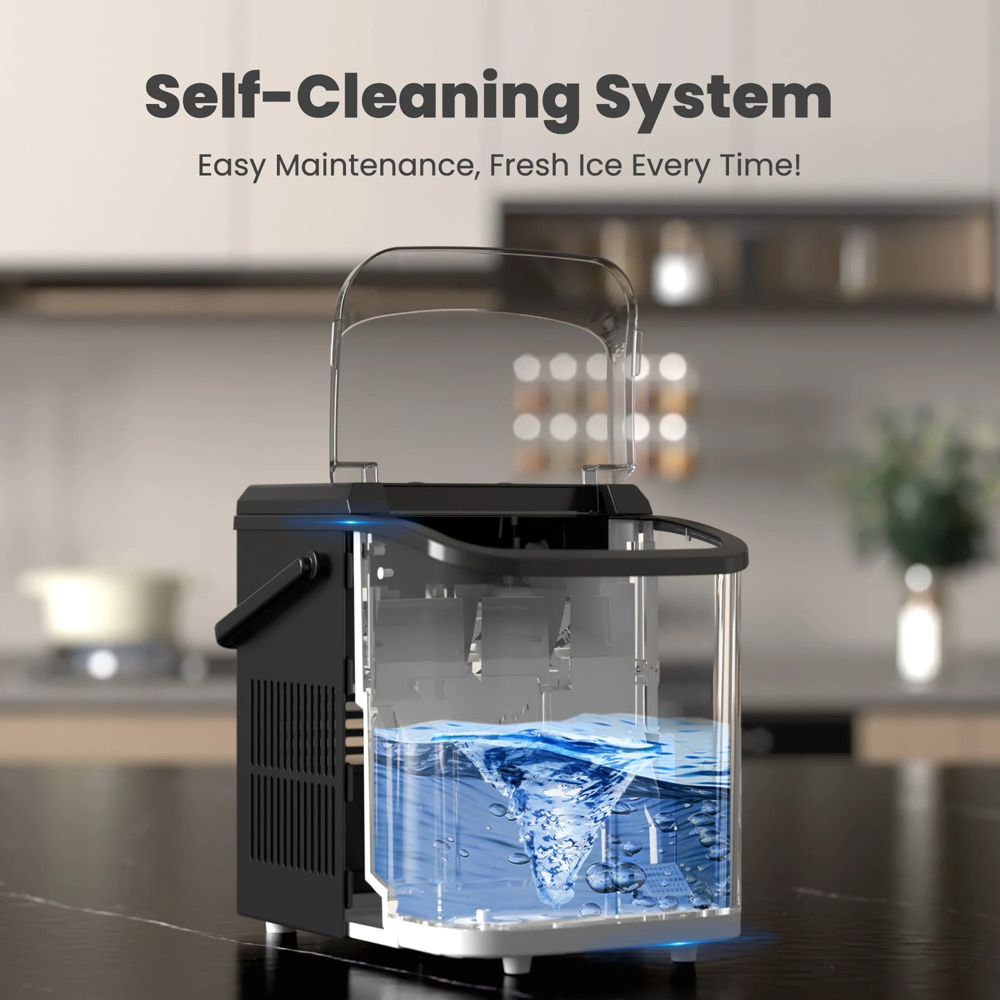 Portable nugget ice machine producing soft chewable ice for home kitchens, coffee bars, and entertaining by VelmoraMart.