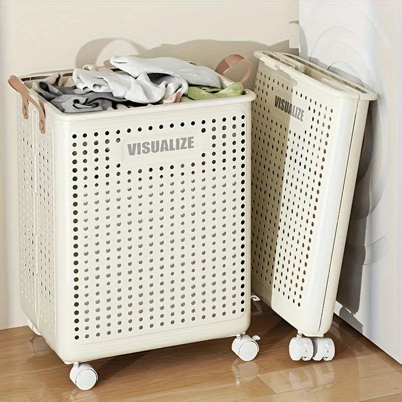 Plastic laundry basket on wheels with large rolling design for clothes, towels, and household storage, durable laundry hamper by VelmoraMart