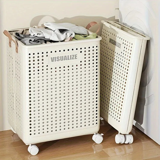 Plastic laundry basket on wheels with large rolling design for clothes, towels, and household storage, durable laundry hamper by VelmoraMart