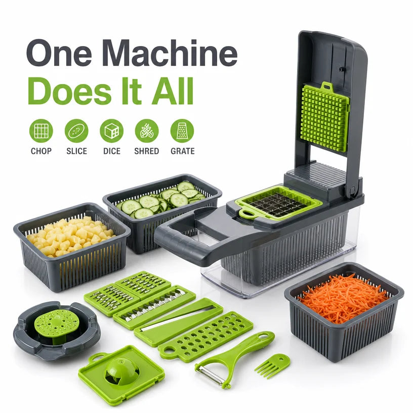 Manual vegetable chopper slicing fresh vegetables on a kitchen counter
