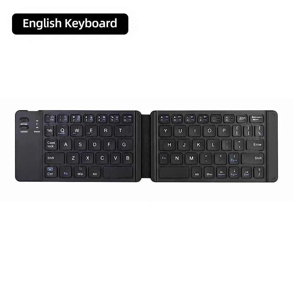 A premium foldable keyboard set up on a mobile desk for travel.