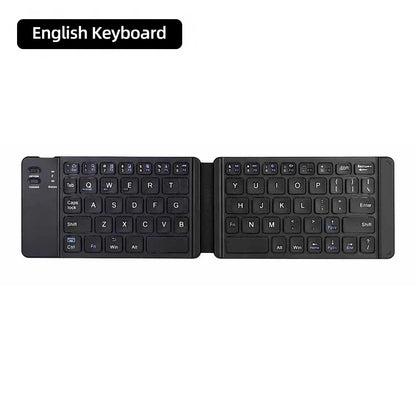 A premium foldable keyboard set up on a mobile desk for travel.