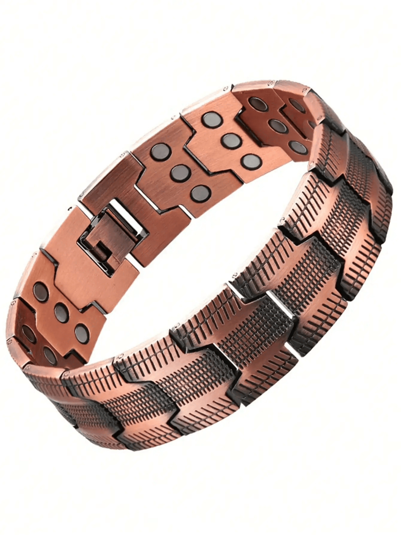 Copper metal bracelet with a white background