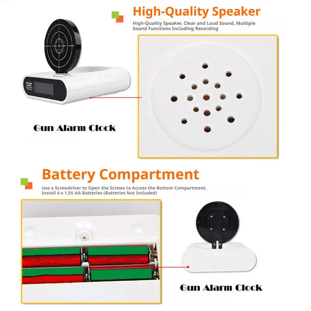 VelmoraMart target alarm clock on a nightstand with an infrared blaster, showing the interactive shooting target feature