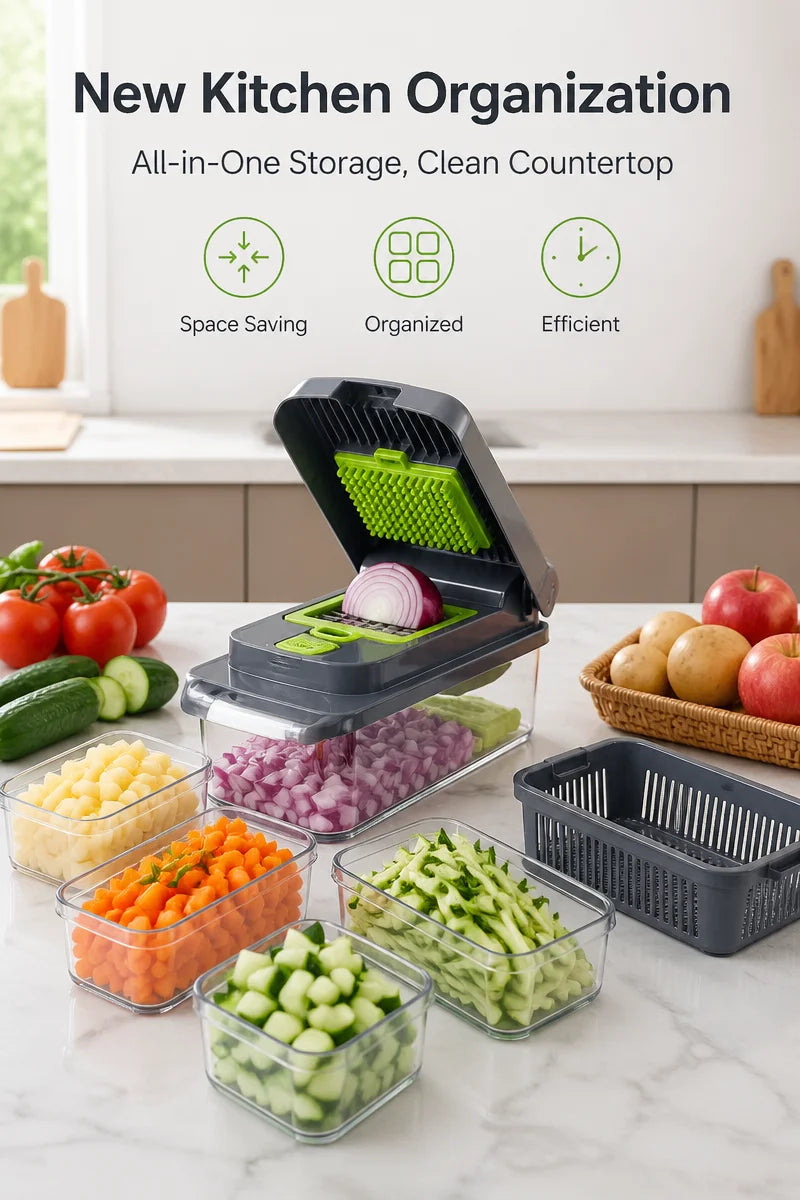 Manual vegetable chopper slicing fresh vegetables on a kitchen counter