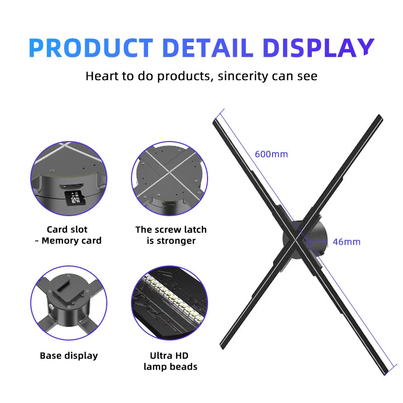 VelmoraMart 3D hologram projector display showing a floating LED animation in a modern retail space.