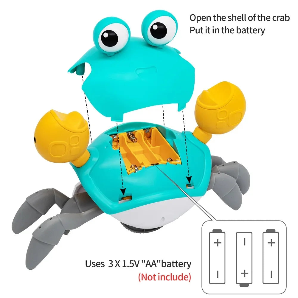 Interactive dancing crab toy for kids with music, crawling action, colorful lights, and obstacle avoidance from VelmoraMart