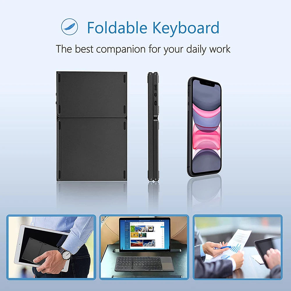 A premium foldable keyboard set up on a mobile desk for travel.