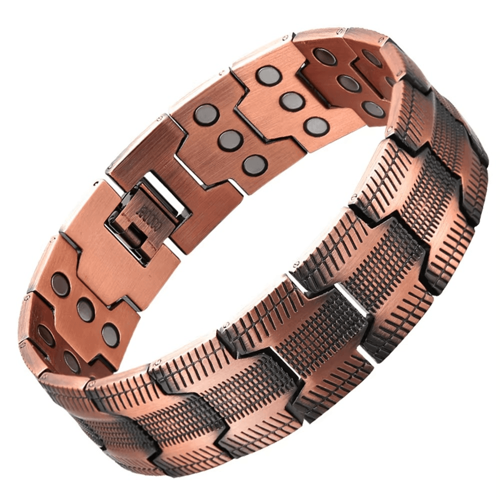 Copper metal bracelet with a white background